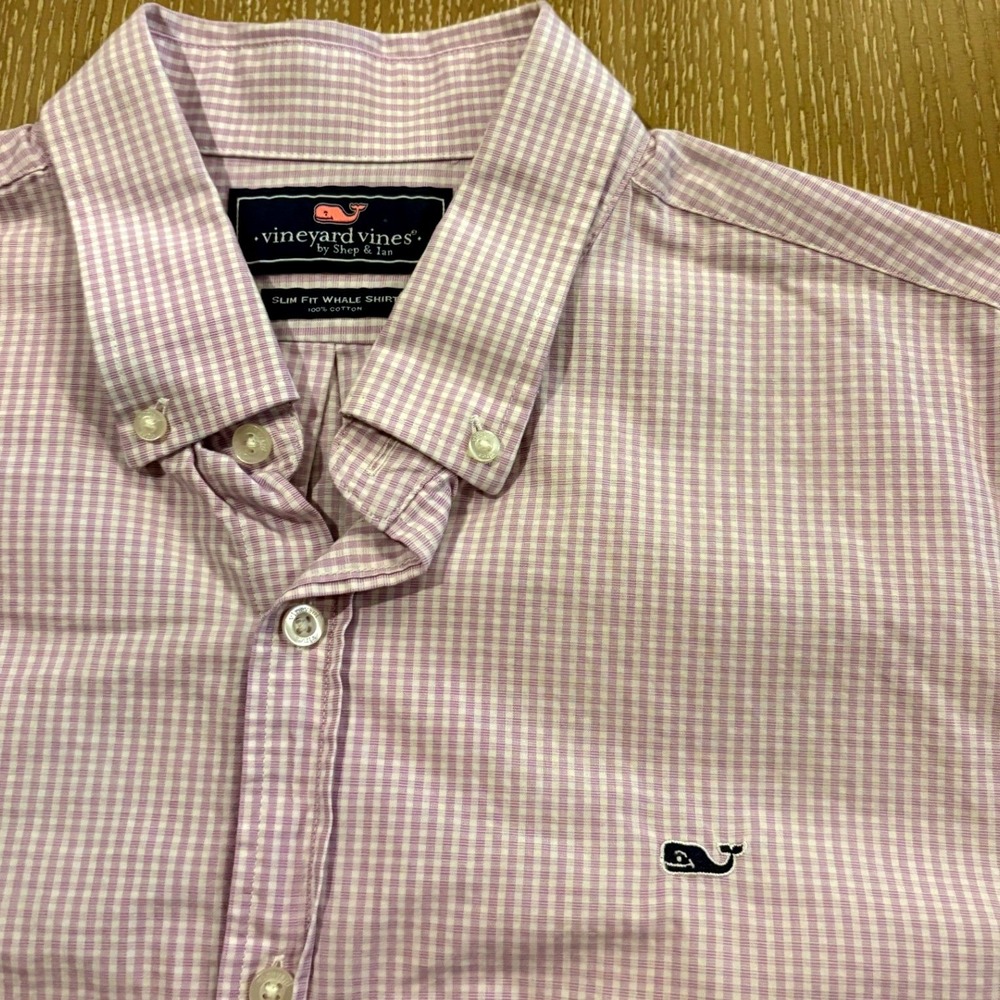 Vineyard Vines Mens Slim Fit Whale Shirt Purple Gingham Long Sleeve Cotton Large